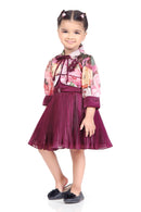 Tressel Wine 3/4th Sleeves Pleated Solid Woven Polyster Flared Frock With Floral Printed Jacket