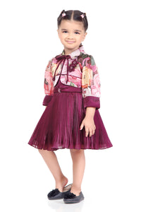 Tressel Wine 3/4th Sleeves Pleated Solid Woven Polyster Flared Frock With Floral Printed Jacket