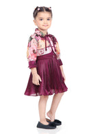 Tressel Wine 3/4th Sleeves Pleated Solid Woven Polyster Flared Frock With Floral Printed Jacket