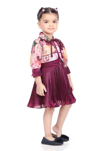 Tressel Wine 3/4th Sleeves Pleated Solid Woven Polyster Flared Frock With Floral Printed Jacket