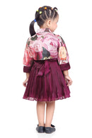 Tressel Wine 3/4th Sleeves Pleated Solid Woven Polyster Flared Frock With Floral Printed Jacket