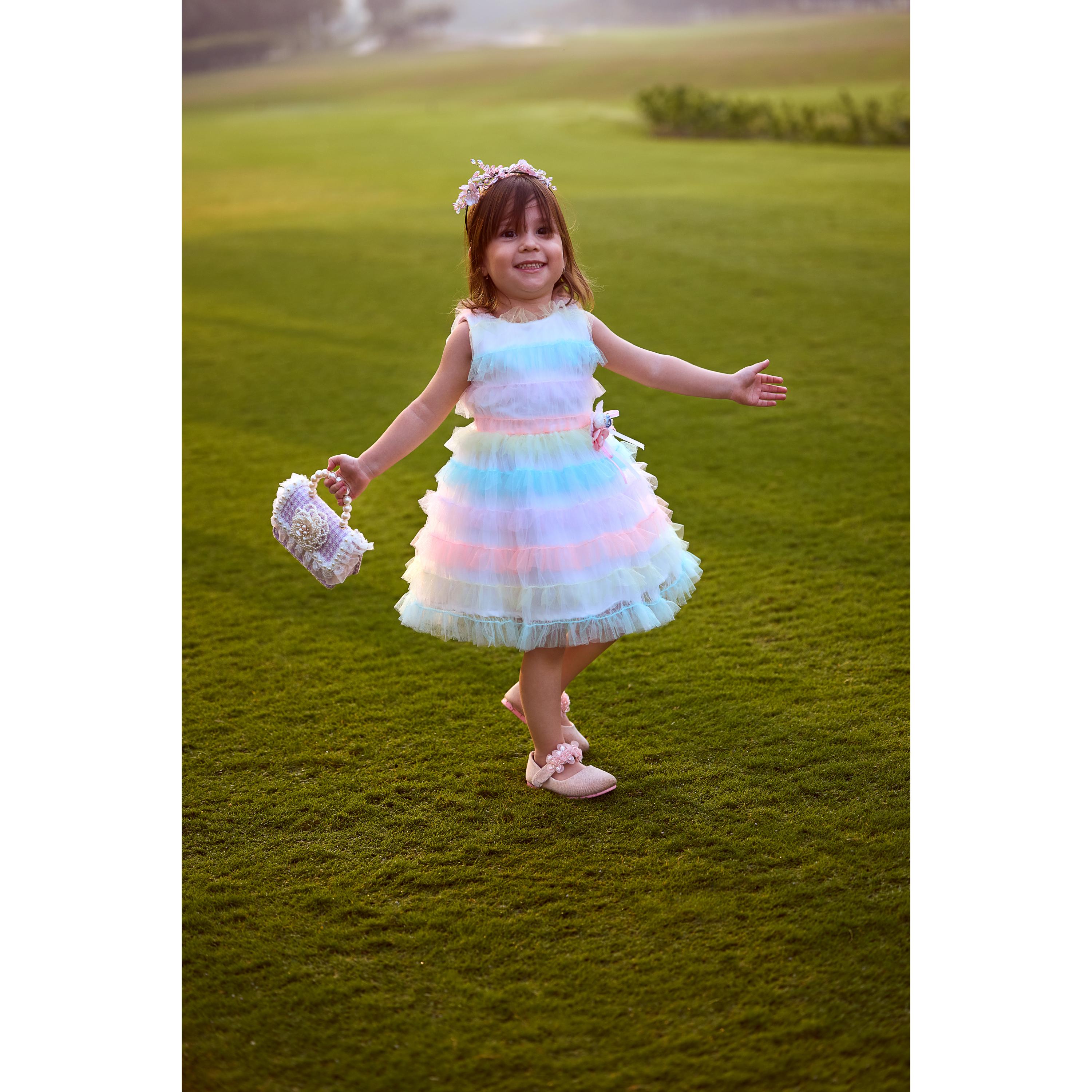 Girls Pink Rainbow Layered Tulle Party Frock TSF10045