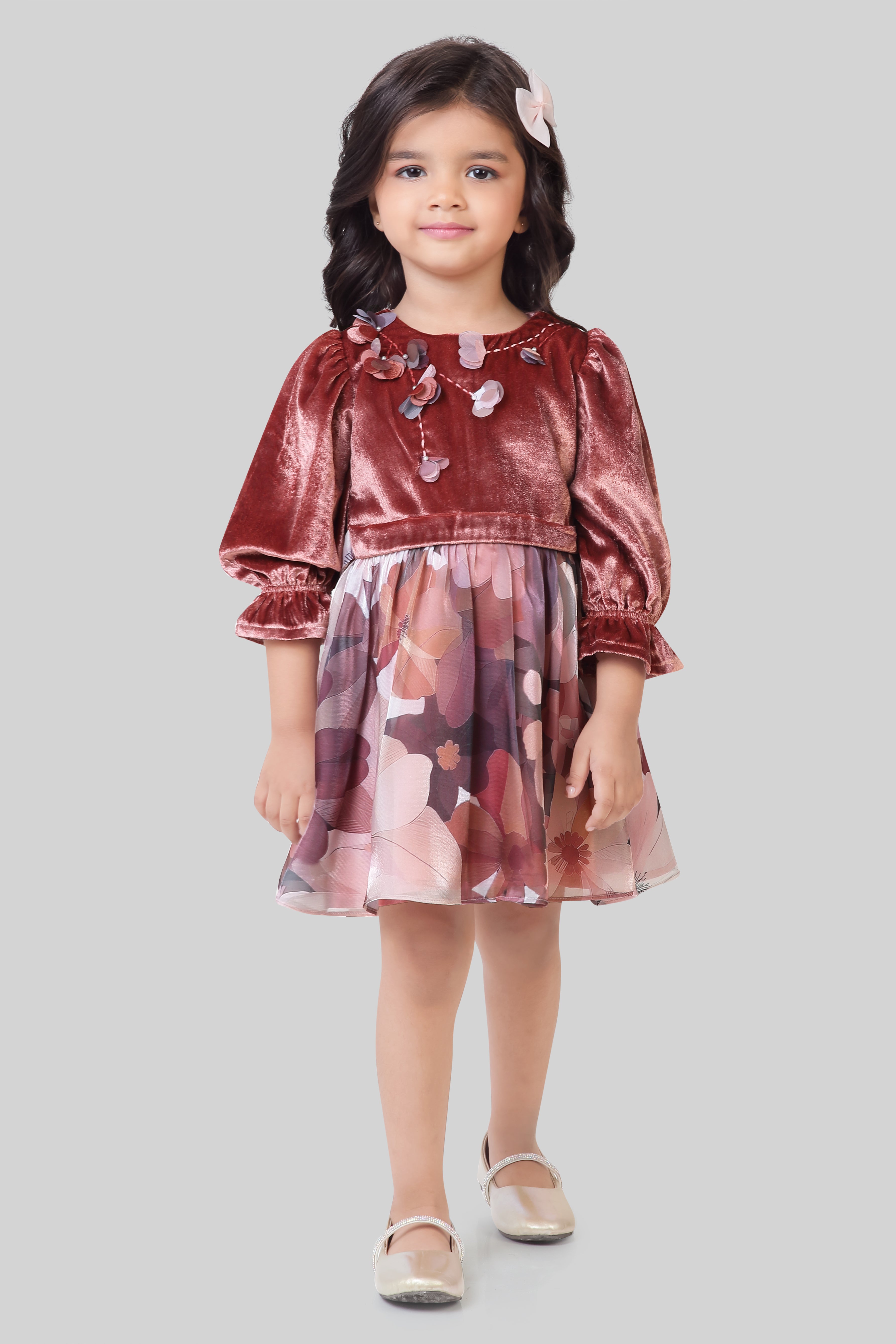 Tressel Girls Onion Pink Velvet Dress with Floral Printed Skirt – Party & Festive Wear