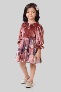 Tressel Girls Onion Pink Velvet Dress with Floral Printed Skirt – Party & Festive Wear