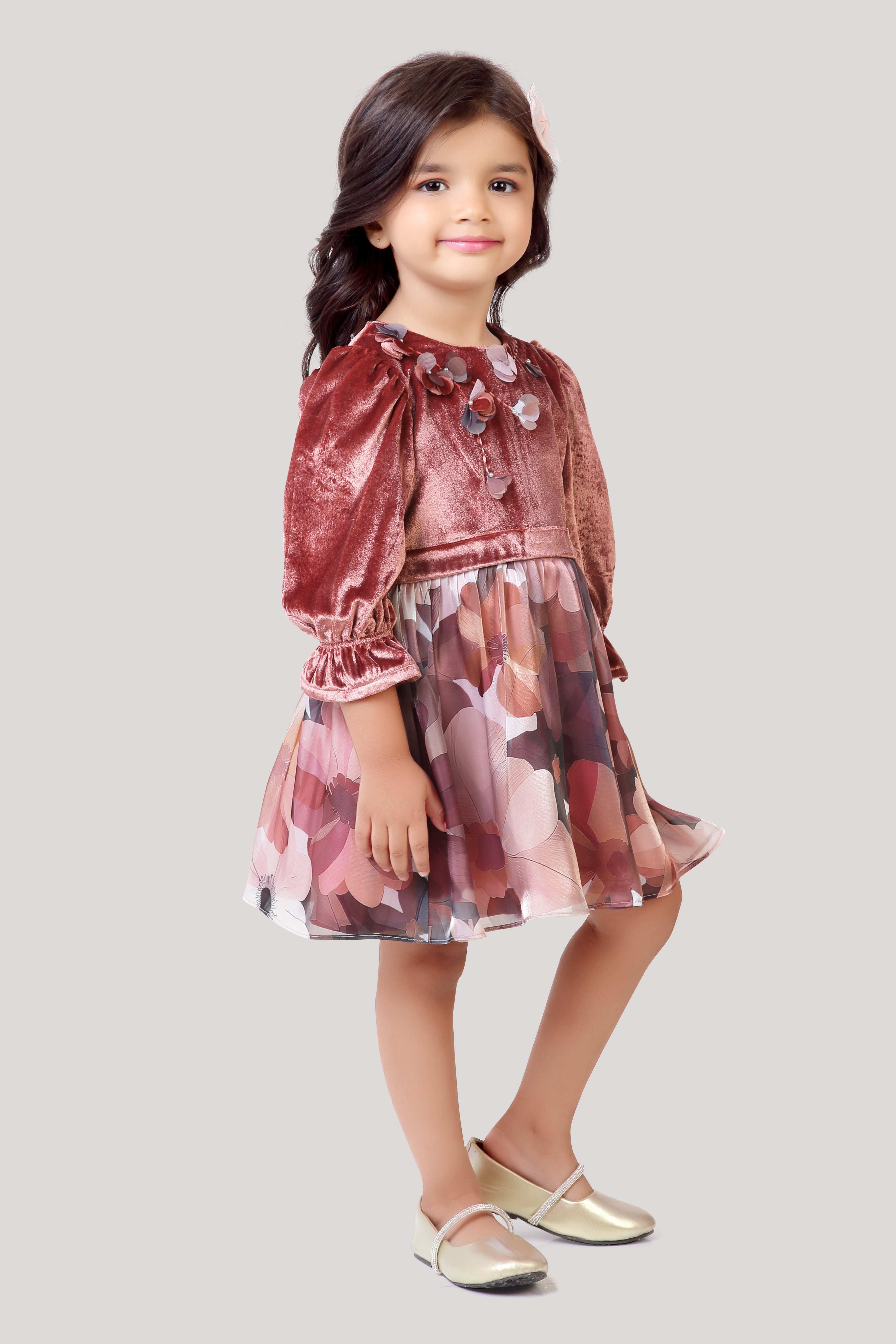 Tressel Girls Onion Pink Velvet Dress with Floral Printed Skirt – Party & Festive Wear