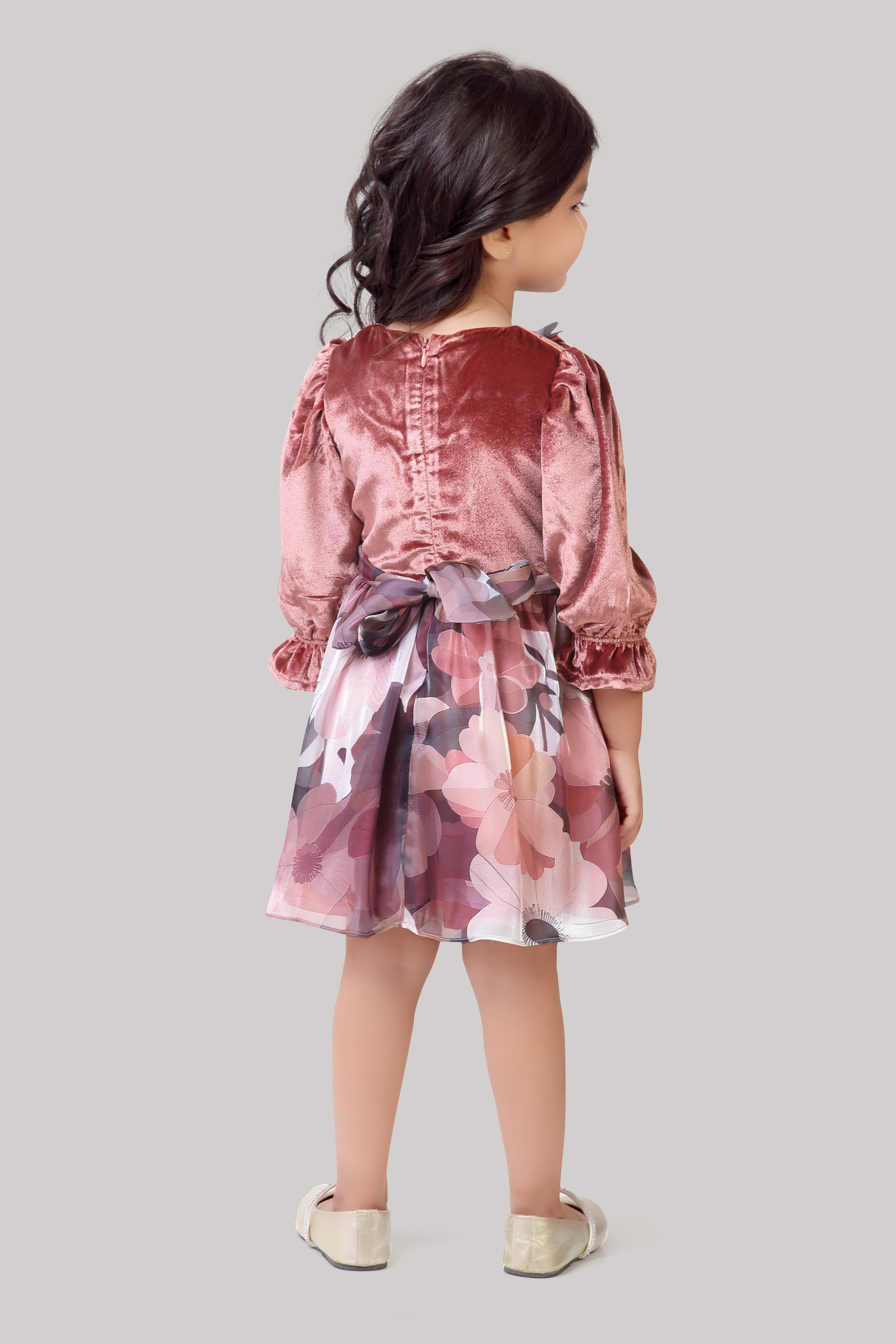 Tressel Girls Onion Pink Velvet Dress with Floral Printed Skirt – Party & Festive Wear