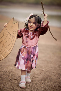 Tressel Girls Onion Pink Velvet Dress with Floral Printed Skirt – Party & Festive Wear