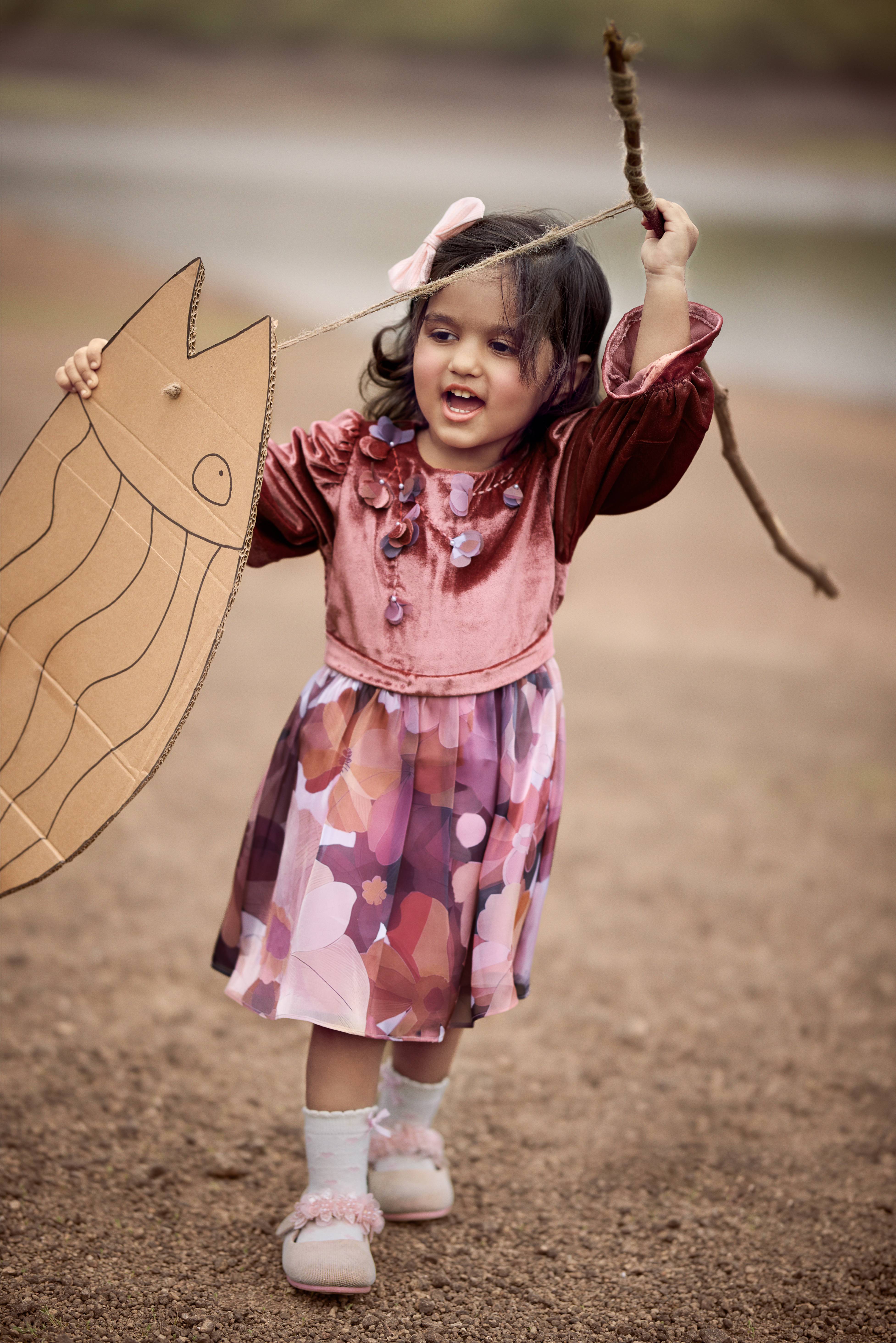 Tressel Girls Onion Pink Velvet Dress with Floral Printed Skirt – Party & Festive Wear