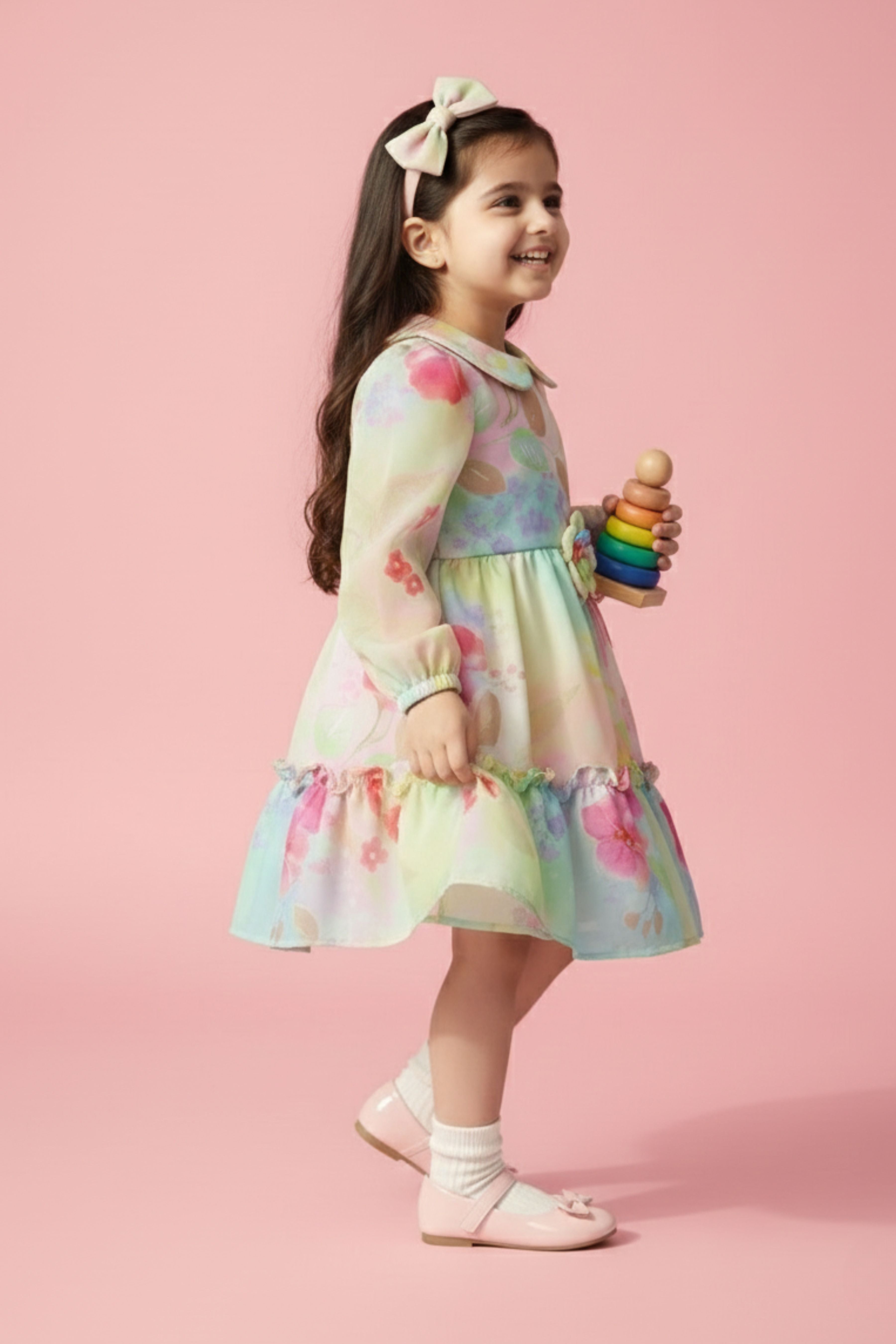 Tressel Peach Pastel Floral Party Dress for Girls