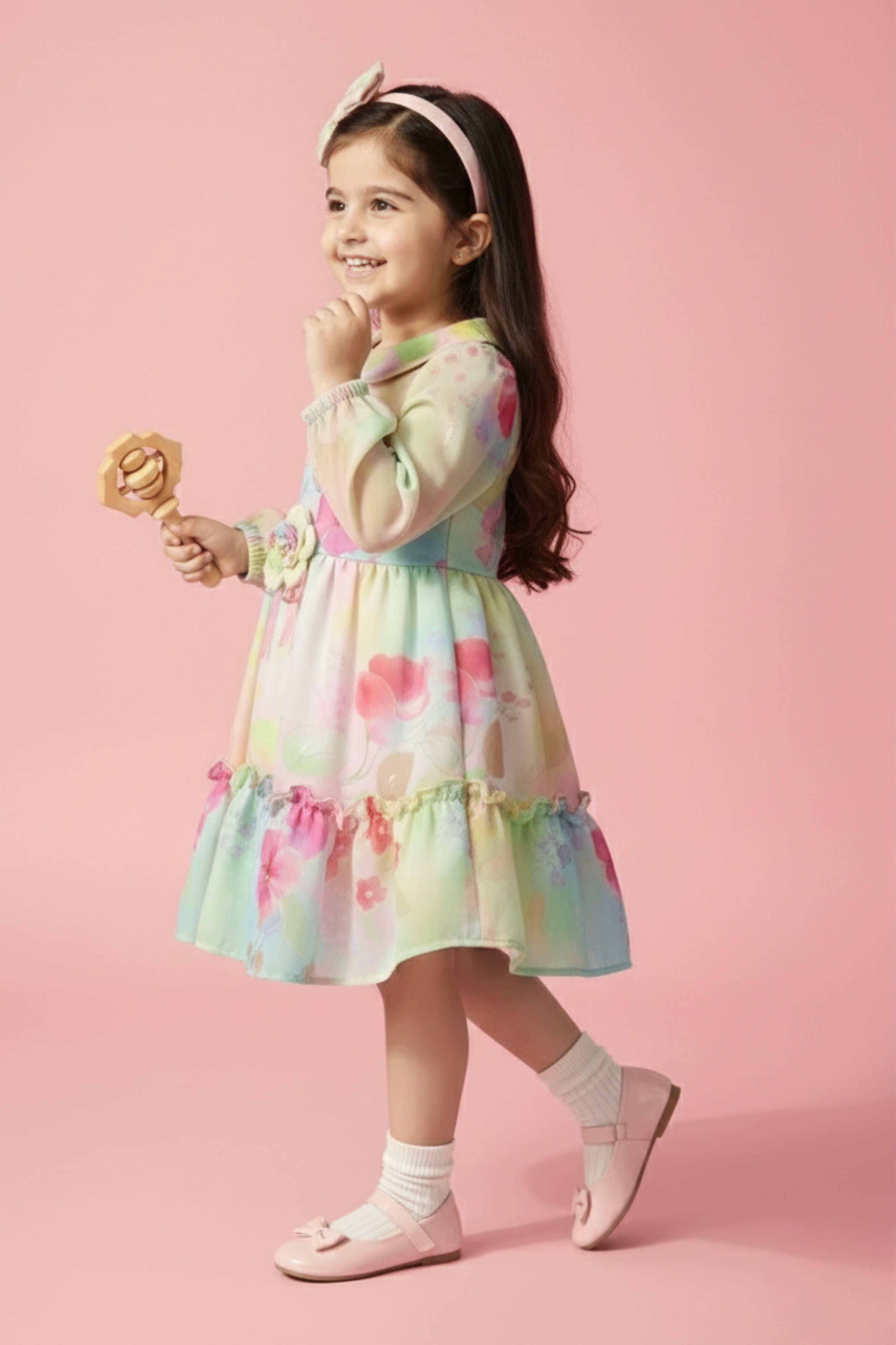 Tressel Peach Pastel Floral Party Dress for Girls