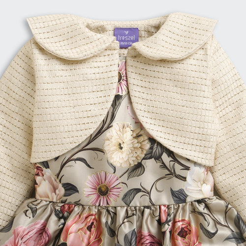 Girls Floral Satin Frock with Cream Knit Shrug TSF10098