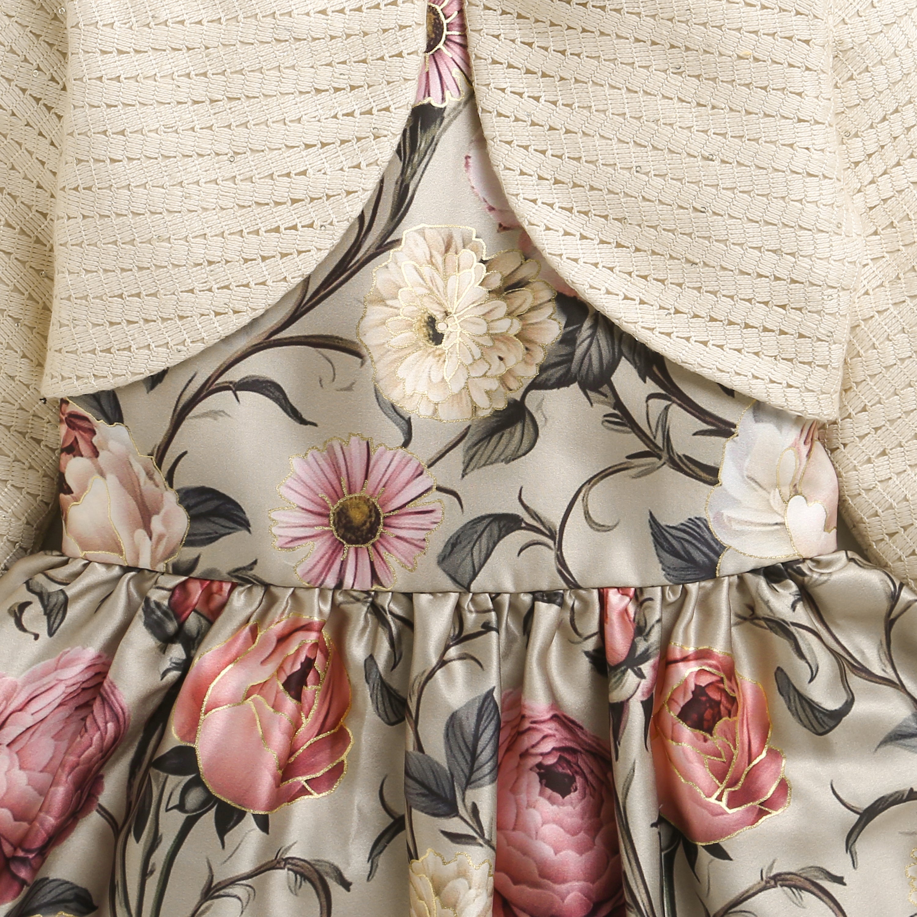 Girls Floral Satin Frock with Cream Knit Shrug TSF10098