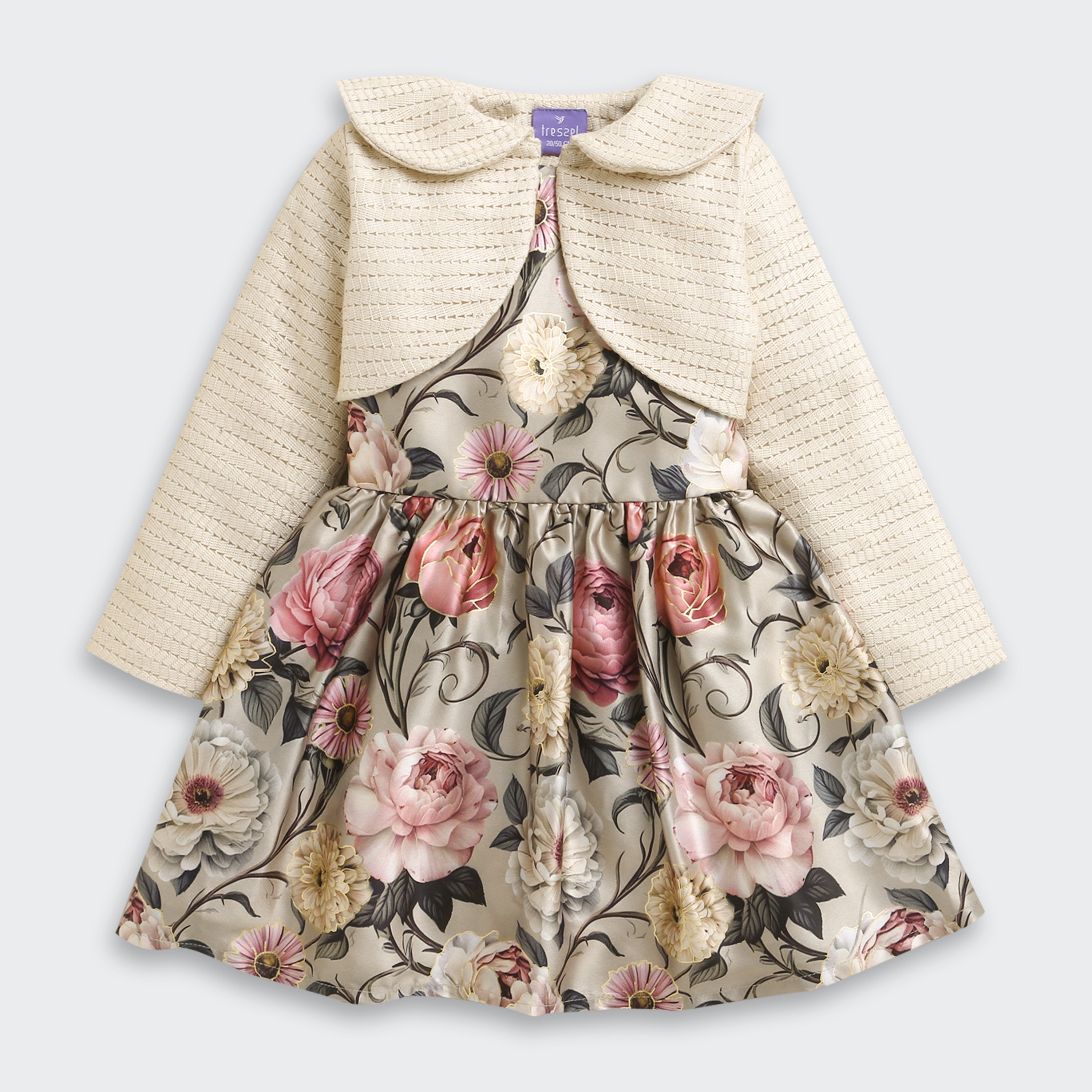 Girls Floral Satin Frock with Cream Knit Shrug TSF10098
