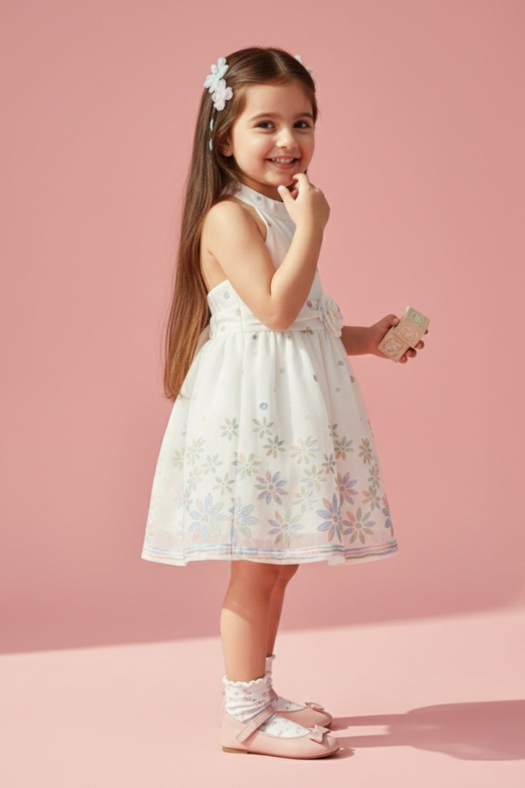 Girls White Floral Halter Frock TSF10113