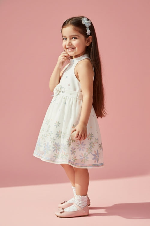 Girls White Floral Halter Frock TSF10113