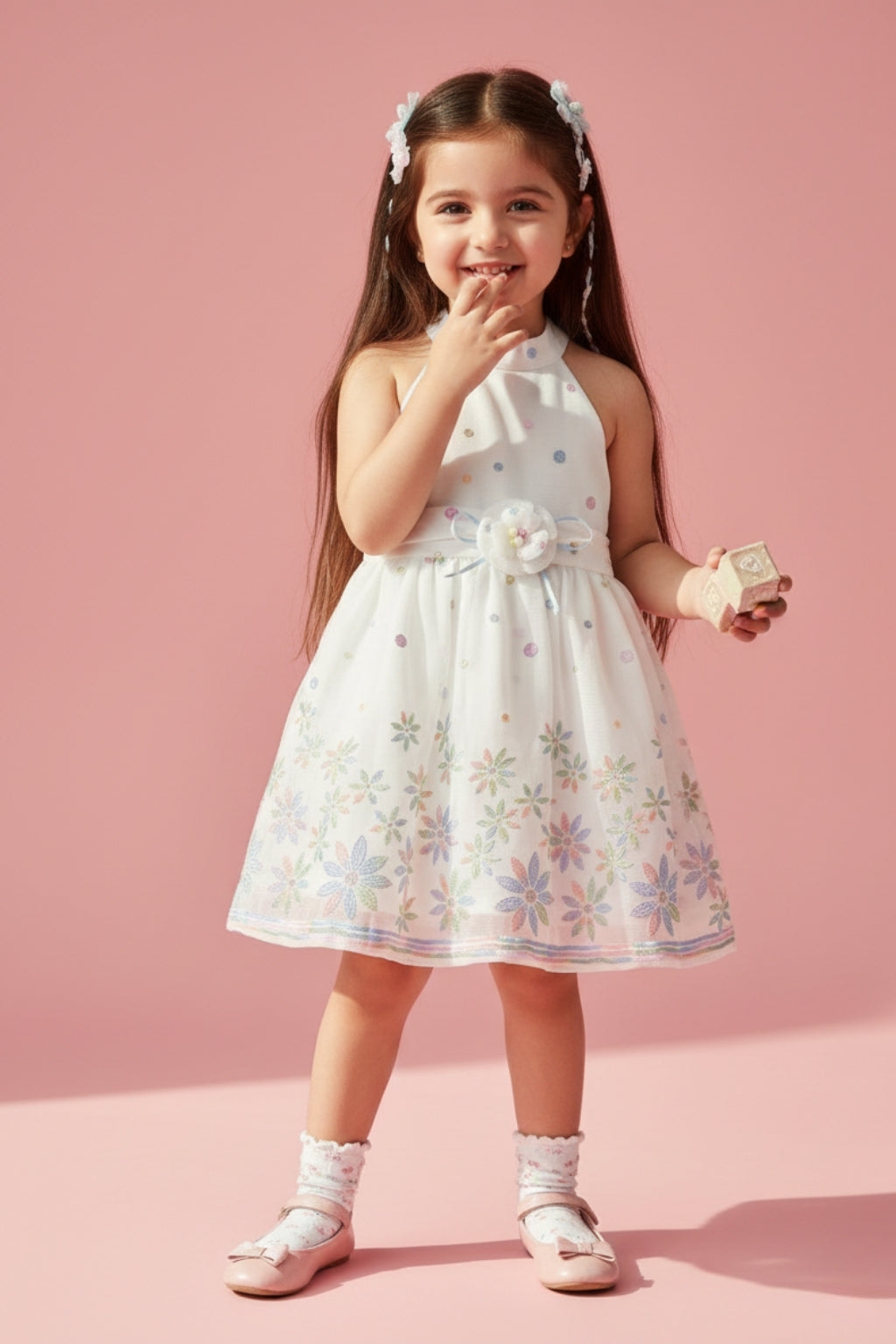 Girls White Floral Halter Frock TSF10113