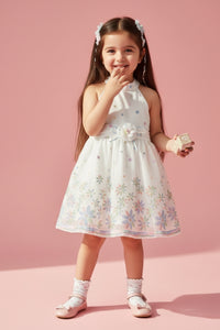 Girls White Floral Halter Frock TSF10113