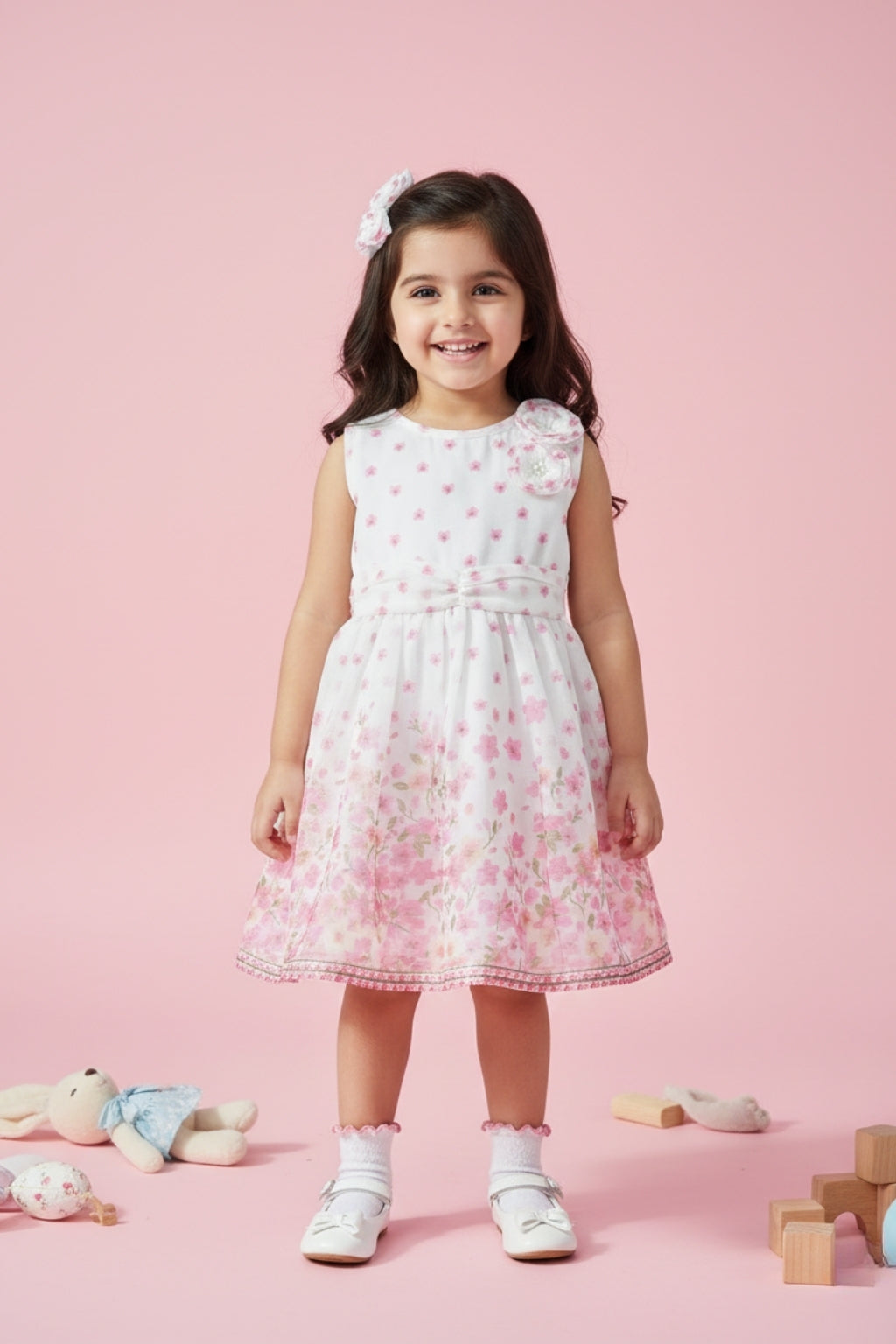 Girls White Blossom Floral Party Frock TSF10115