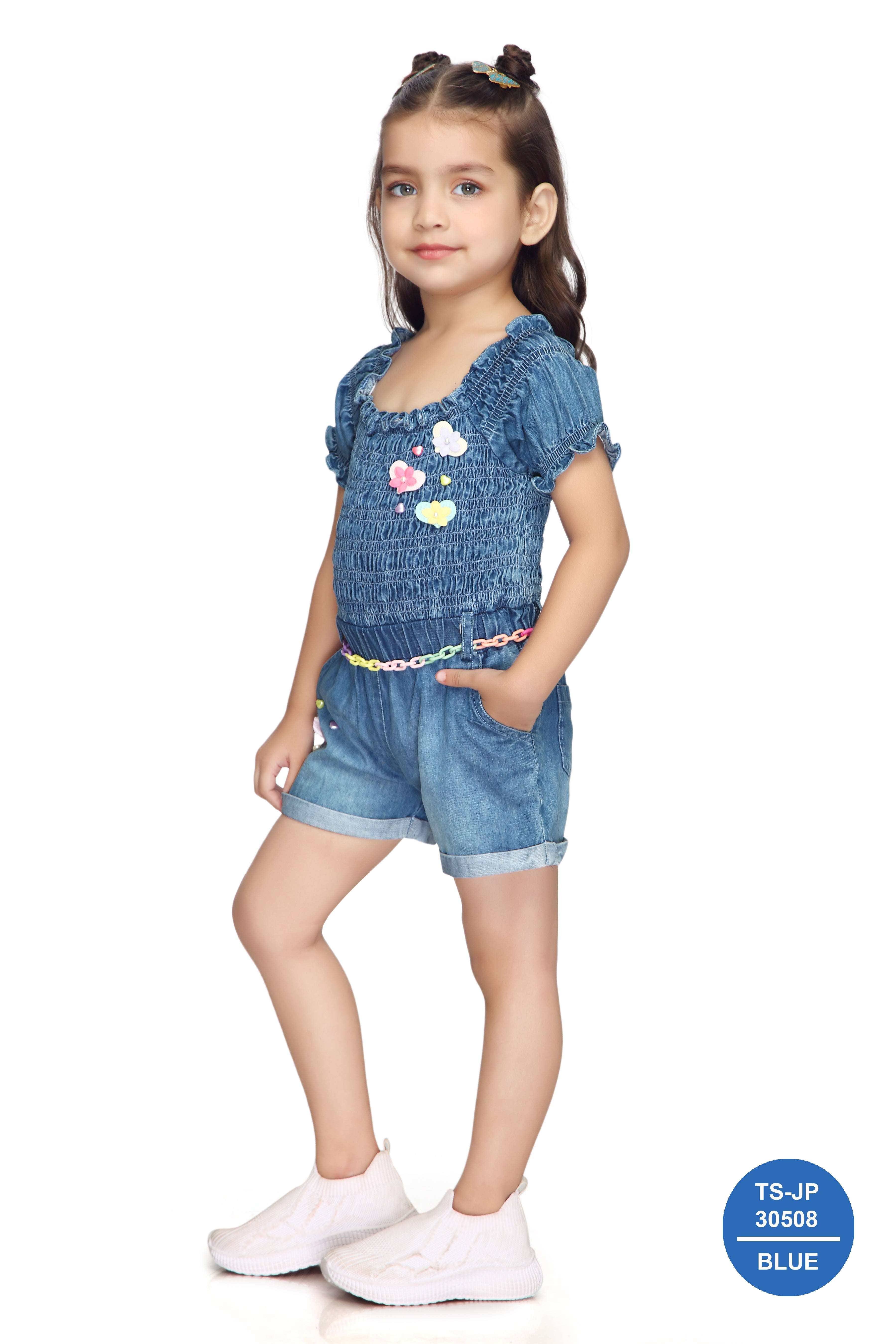 Denim Smocked Soild Playsuit Detailed with Heart TSJP30508