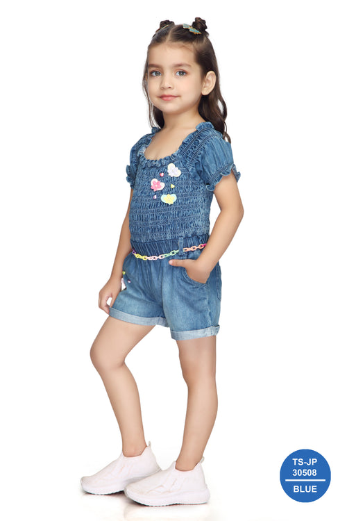 Denim Smocked Soild Playsuit Detailed with Heart TSJP30508