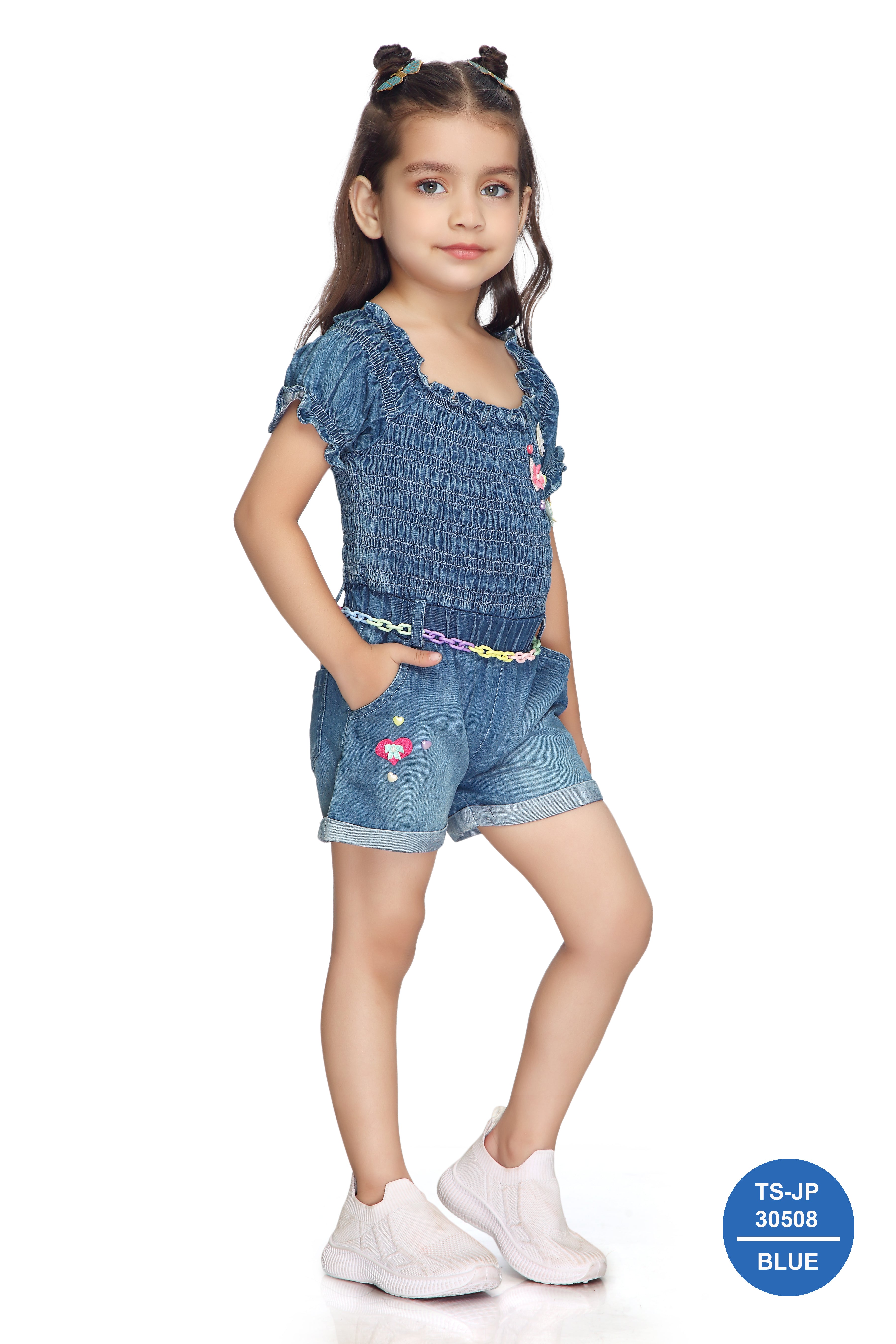 Denim Smocked Soild Playsuit Detailed with Heart TSJP30508