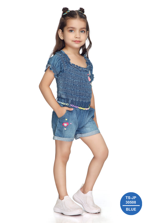 Denim Smocked Soild Playsuit Detailed with Heart TSJP30508