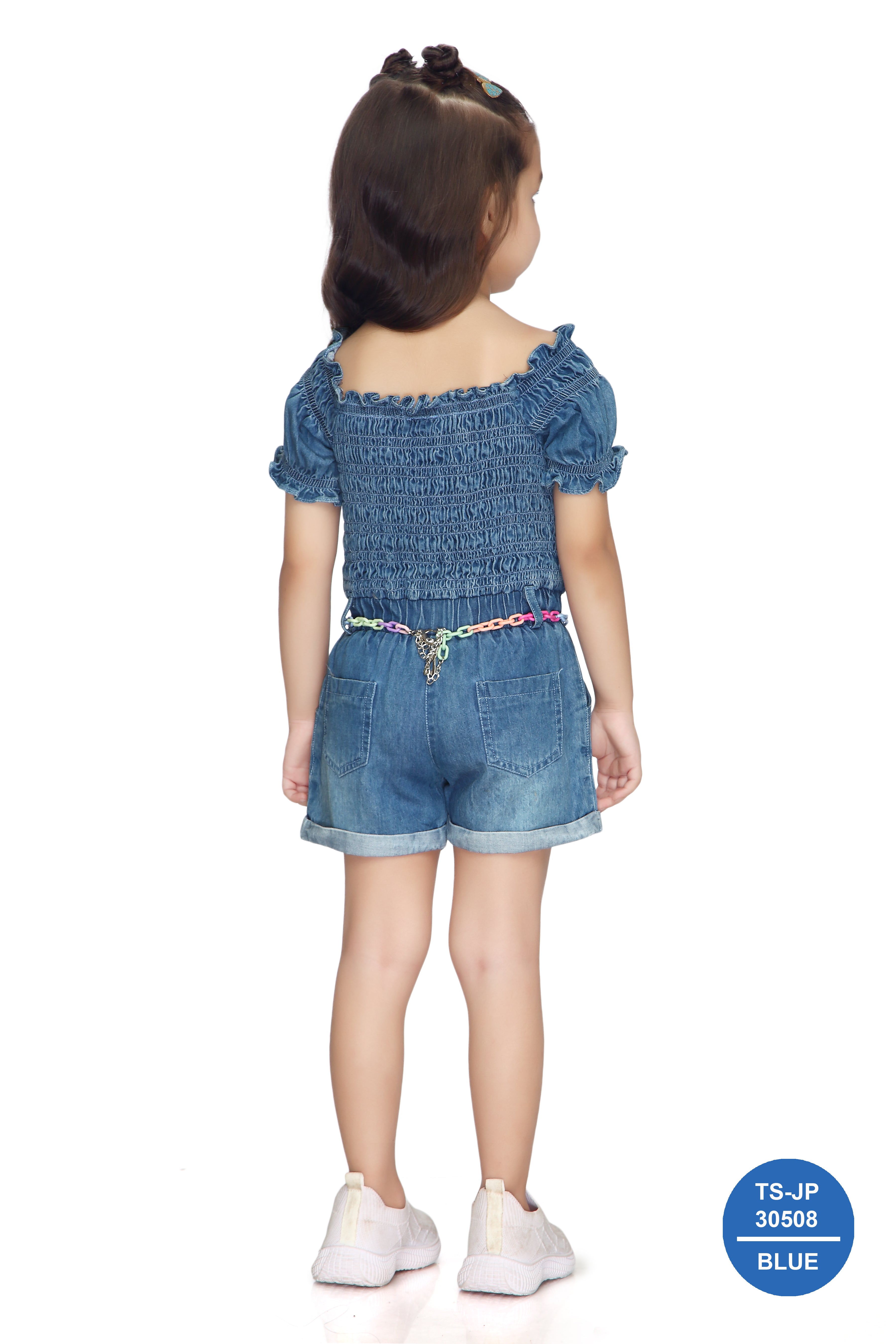 Denim Smocked Soild Playsuit Detailed with Heart TSJP30508