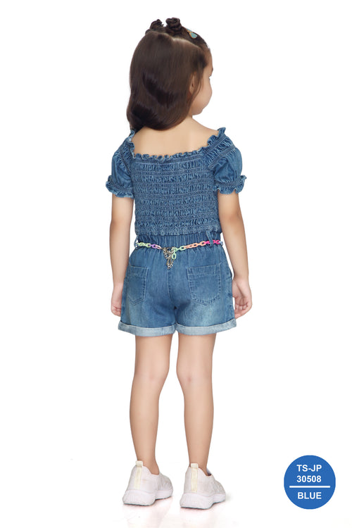 Denim Smocked Soild Playsuit Detailed with Heart TSJP30508