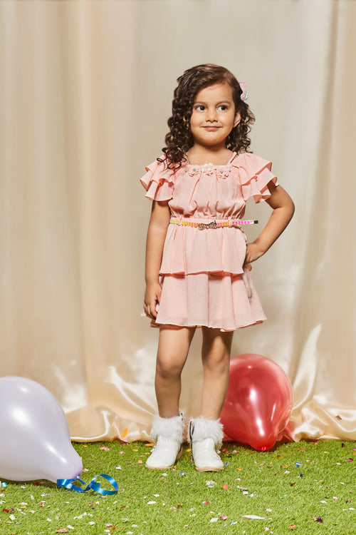 Girls Peach Textured Ruffle Tier Dress TSM1895