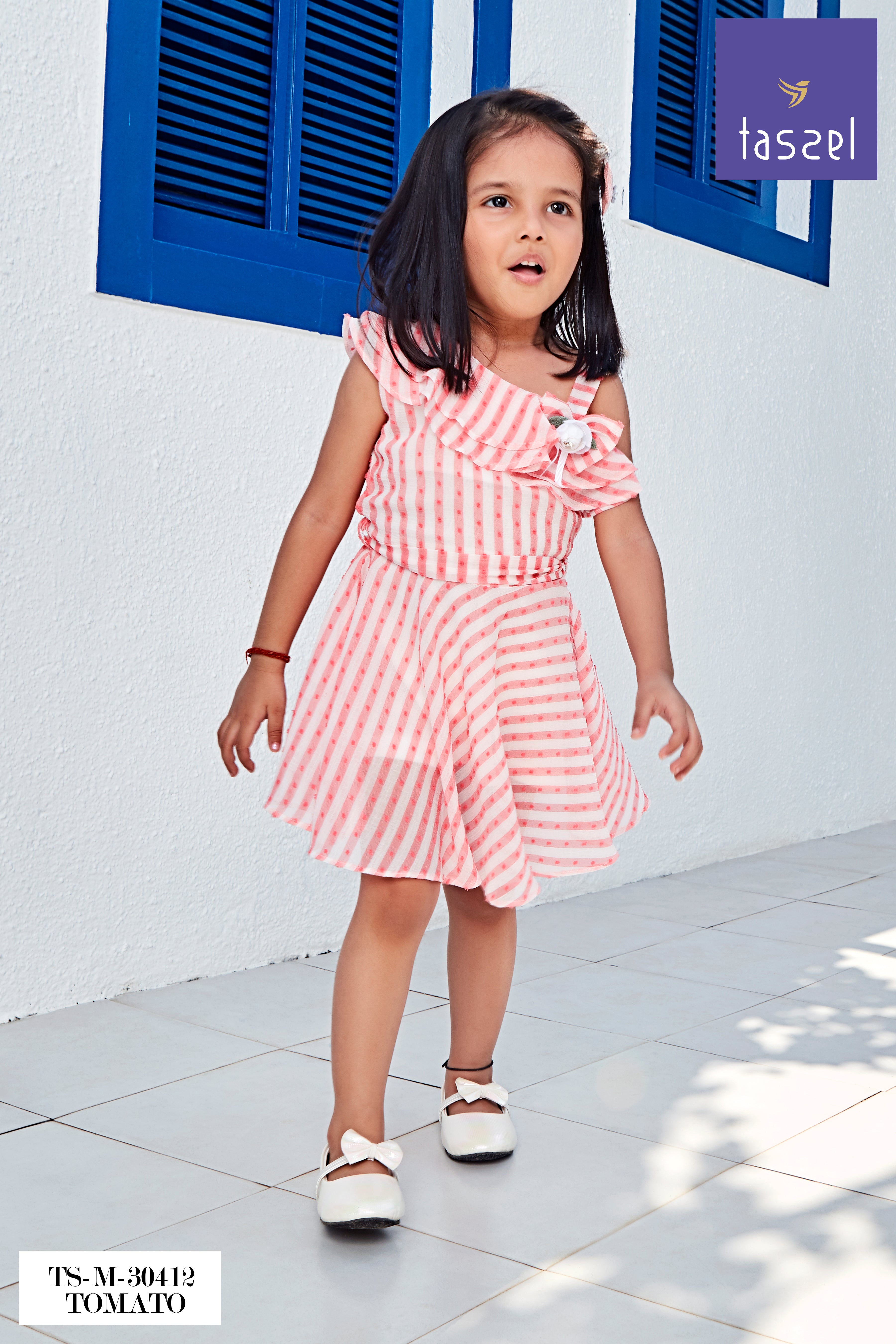 Girls Tomato Stripe One-Shoulder Flare Dress TSM30412
