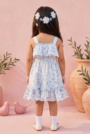 Girls Blue Floral Sleeveless Ruffle Dress TSM30416