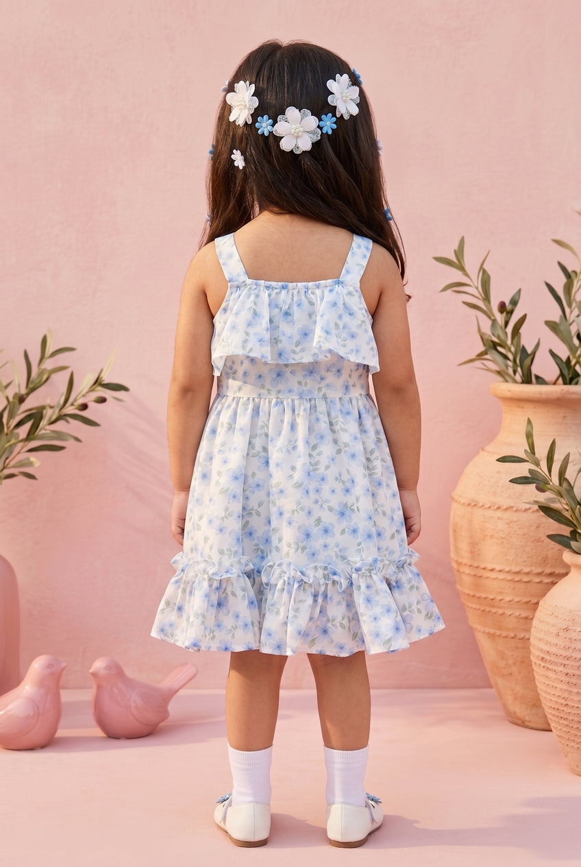 Girls Blue Floral Sleeveless Ruffle Dress TSM30416