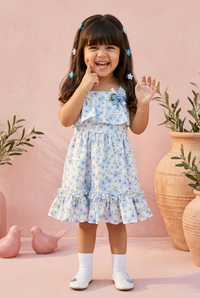 Girls Blue Floral Sleeveless Ruffle Dress TSM30416