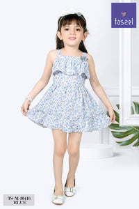 Girls Blue Floral Sleeveless Ruffle Dress TSM30416