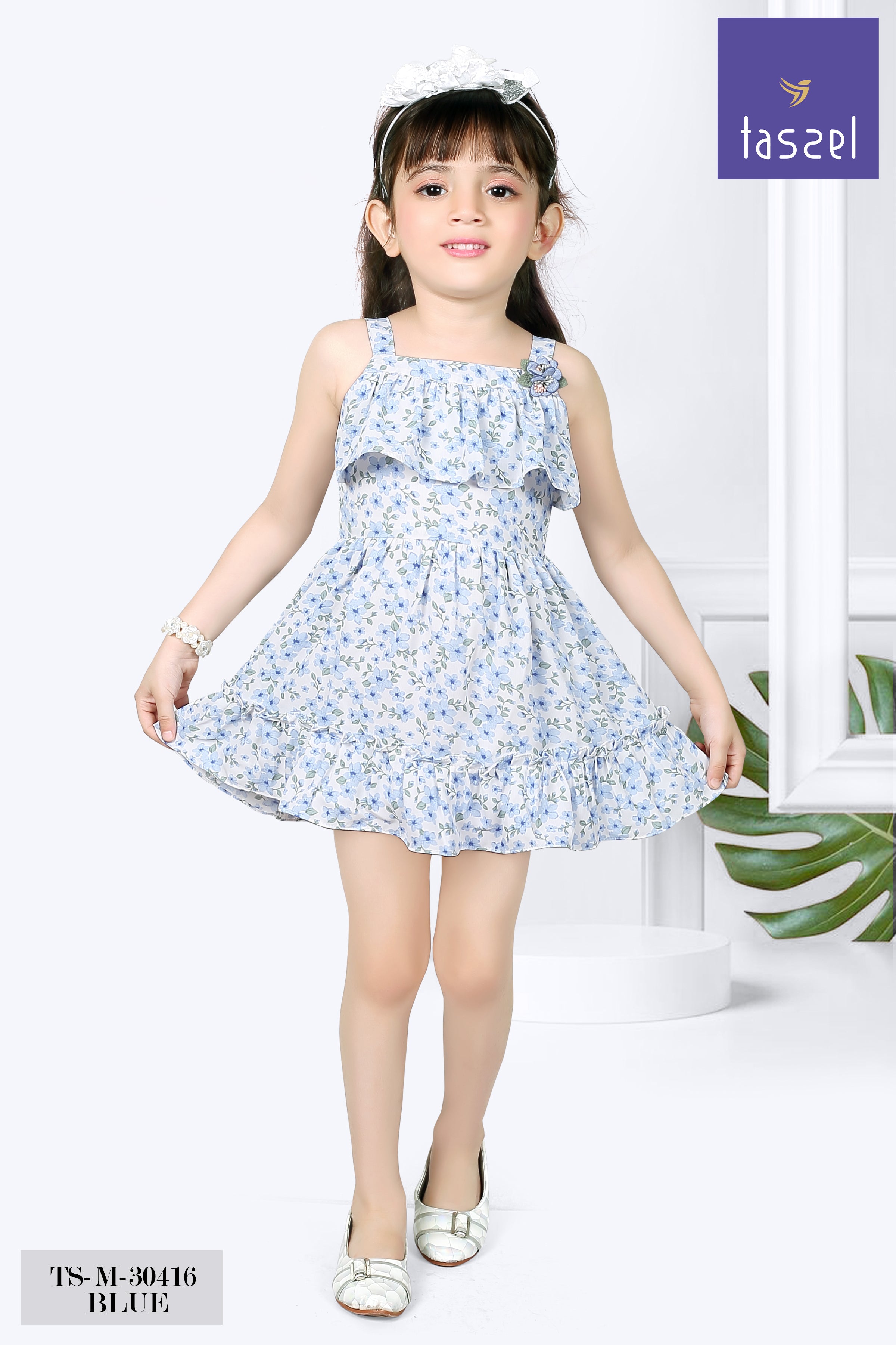 Girls Blue Floral Sleeveless Ruffle Dress TSM30416