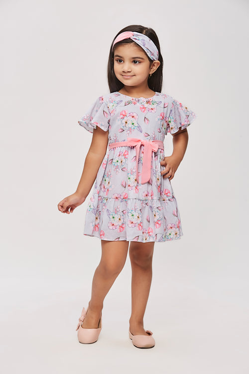 Girls Gray Floral Flutter Sleeve Belted Dress TSM30454