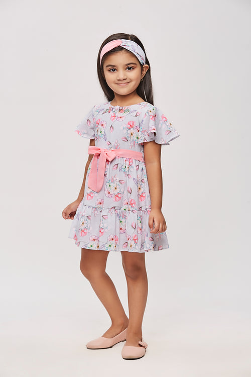 Girls Gray Floral Flutter Sleeve Belted Dress TSM30454
