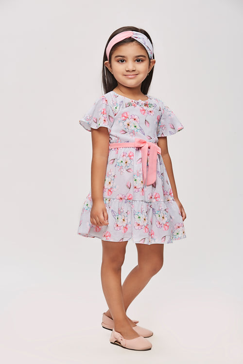 Girls Gray Floral Flutter Sleeve Belted Dress TSM30454