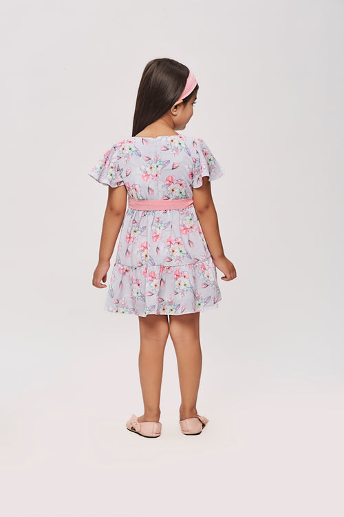 Girls Gray Floral Flutter Sleeve Belted Dress TSM30454
