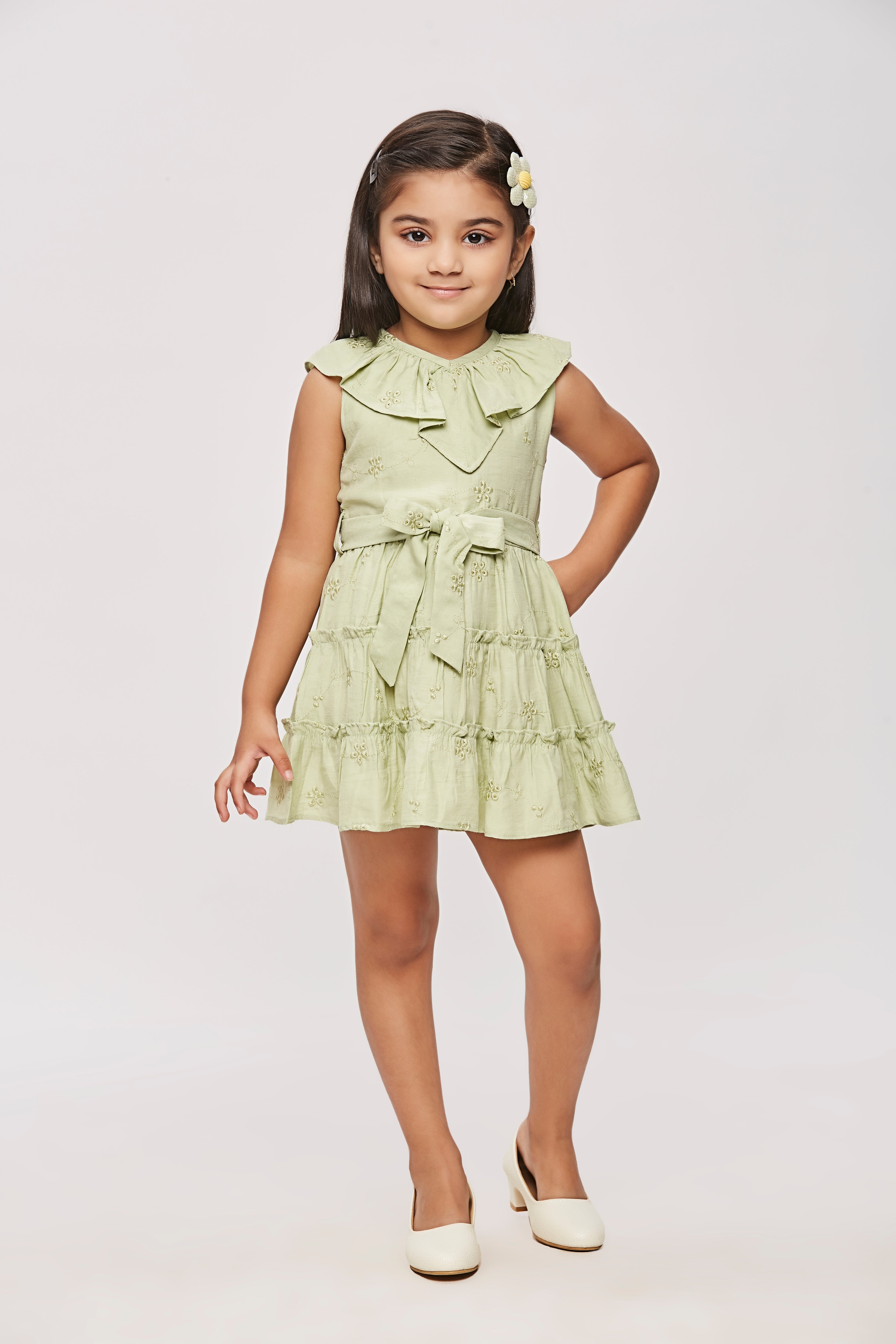 Green Ruffle Collar Dress with Waist Bow TSM30456