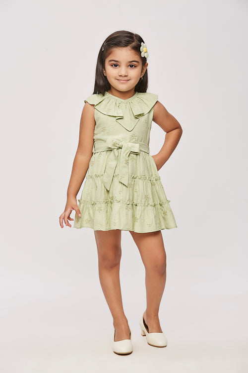 Green Ruffle Collar Dress with Waist Bow TSM30456