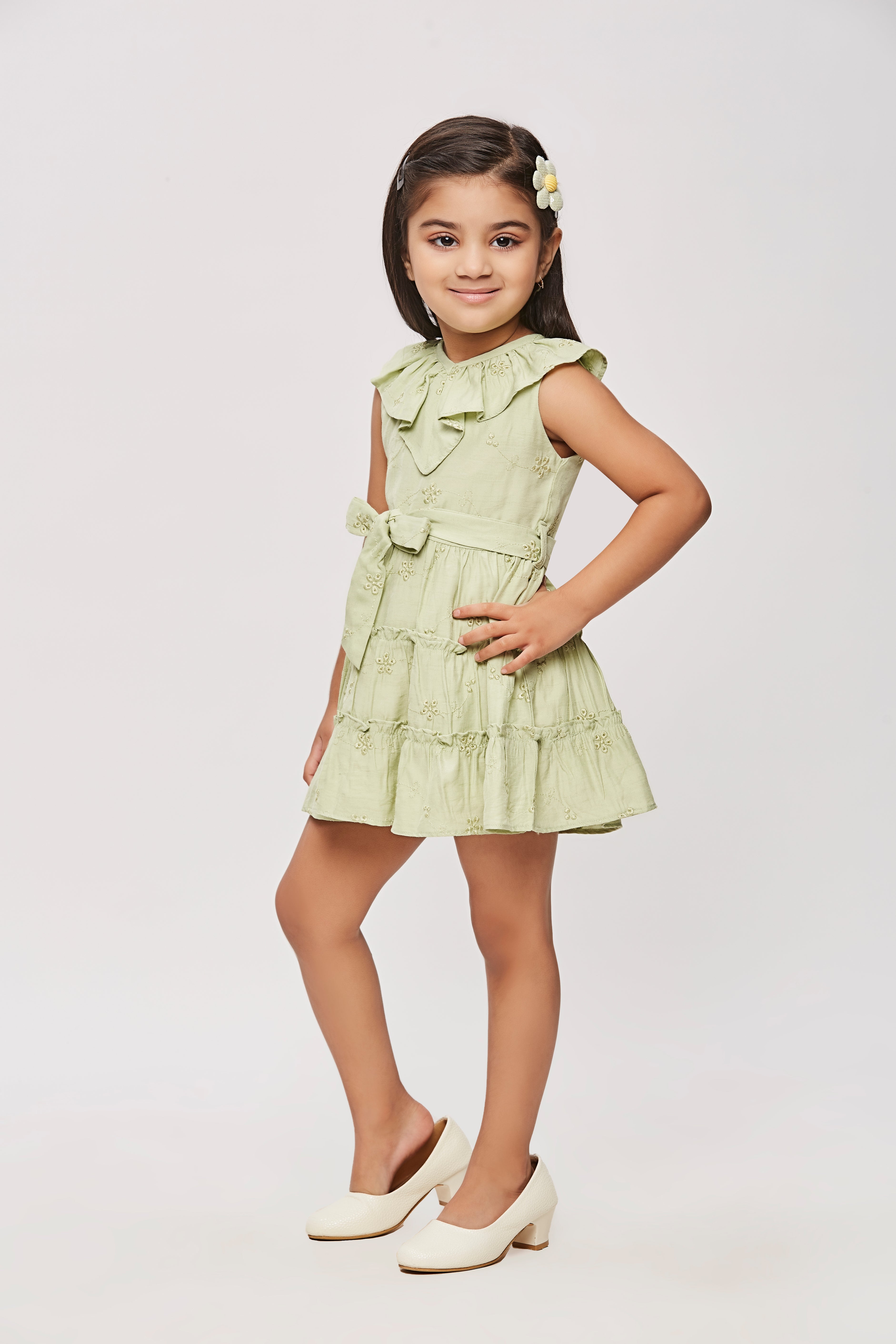 Girls Green Ruffle Collar Dress with Waist Bow TSM30456