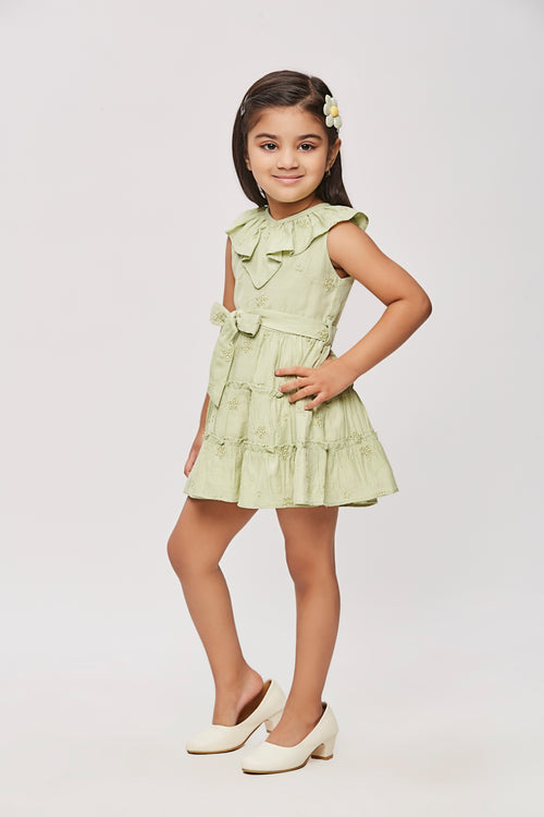 Green Ruffle Collar Dress with Waist Bow TSM30456