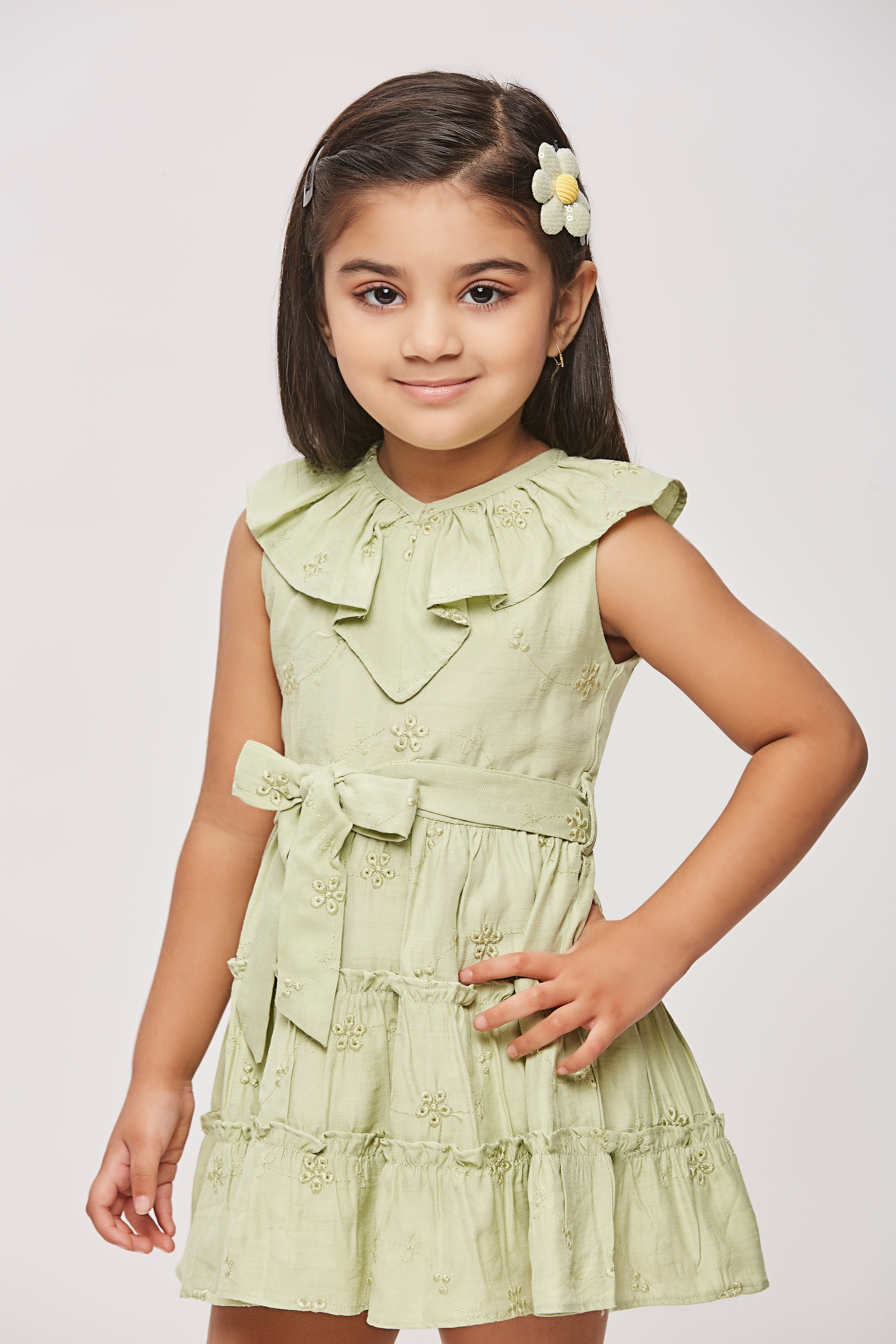 Girls Green Ruffle Collar Dress with Waist Bow TSM30456