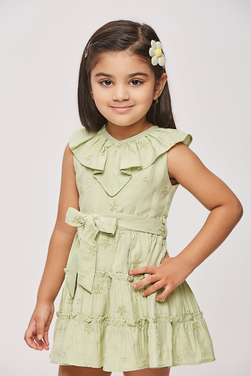 Green Ruffle Collar Dress with Waist Bow TSM30456