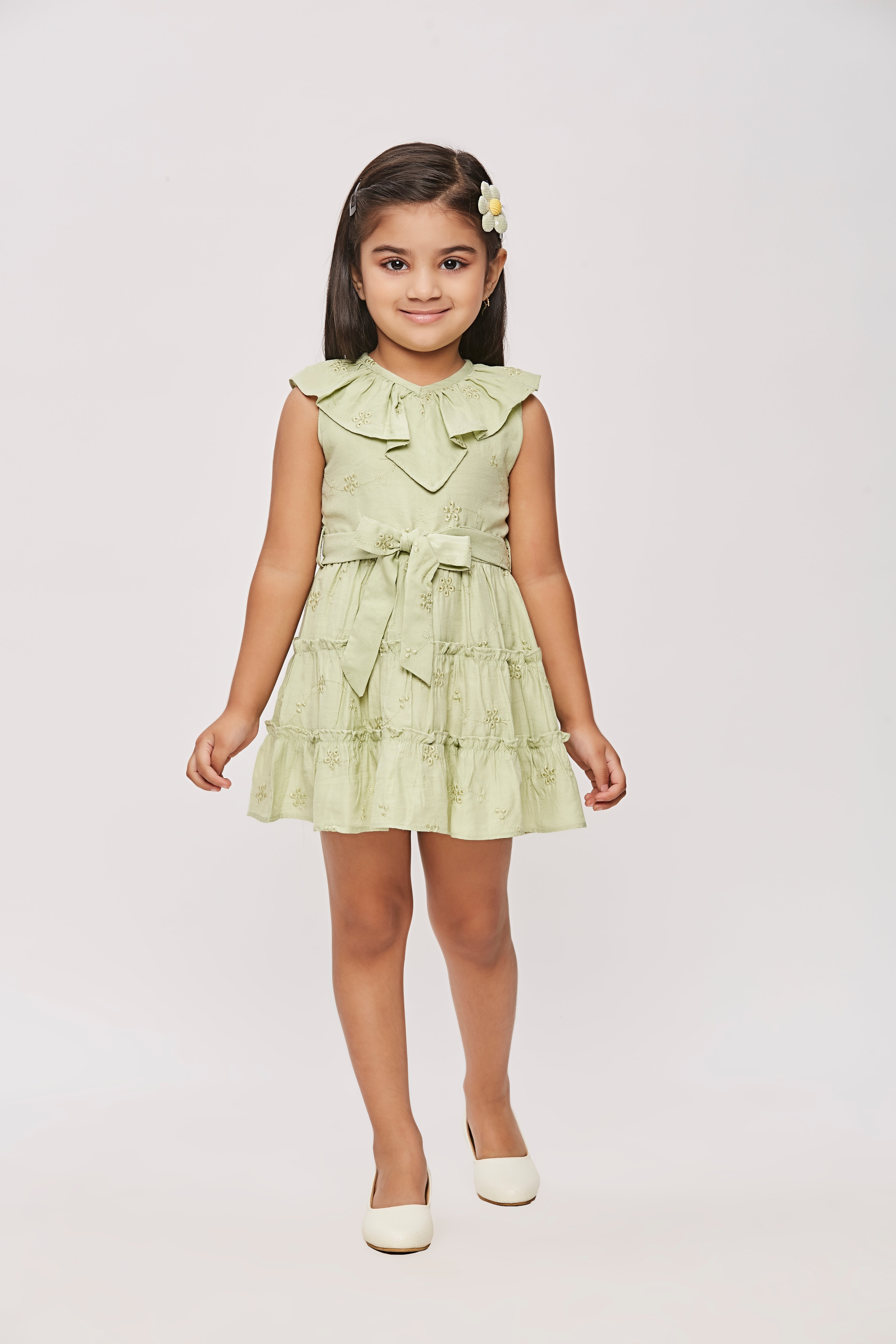 Green Ruffle Collar Dress with Waist Bow TSM30456