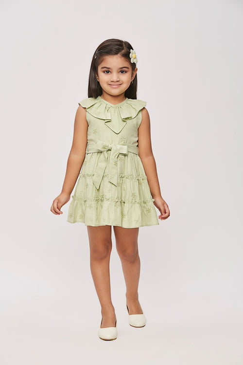 Green Ruffle Collar Dress with Waist Bow TSM30456