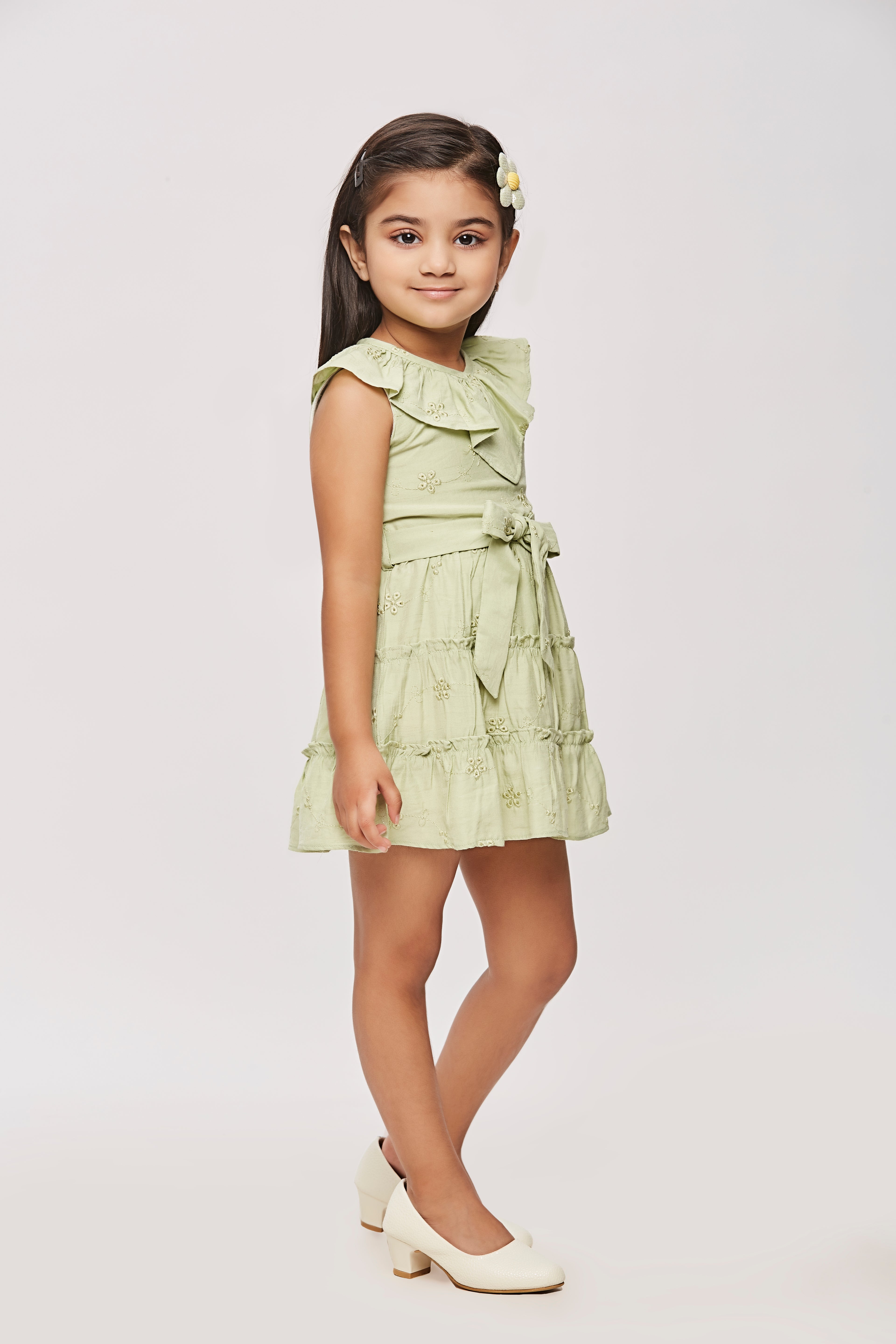 Green Ruffle Collar Dress with Waist Bow TSM30456