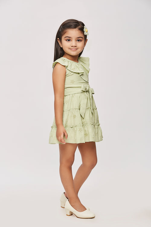 Green Ruffle Collar Dress with Waist Bow TSM30456