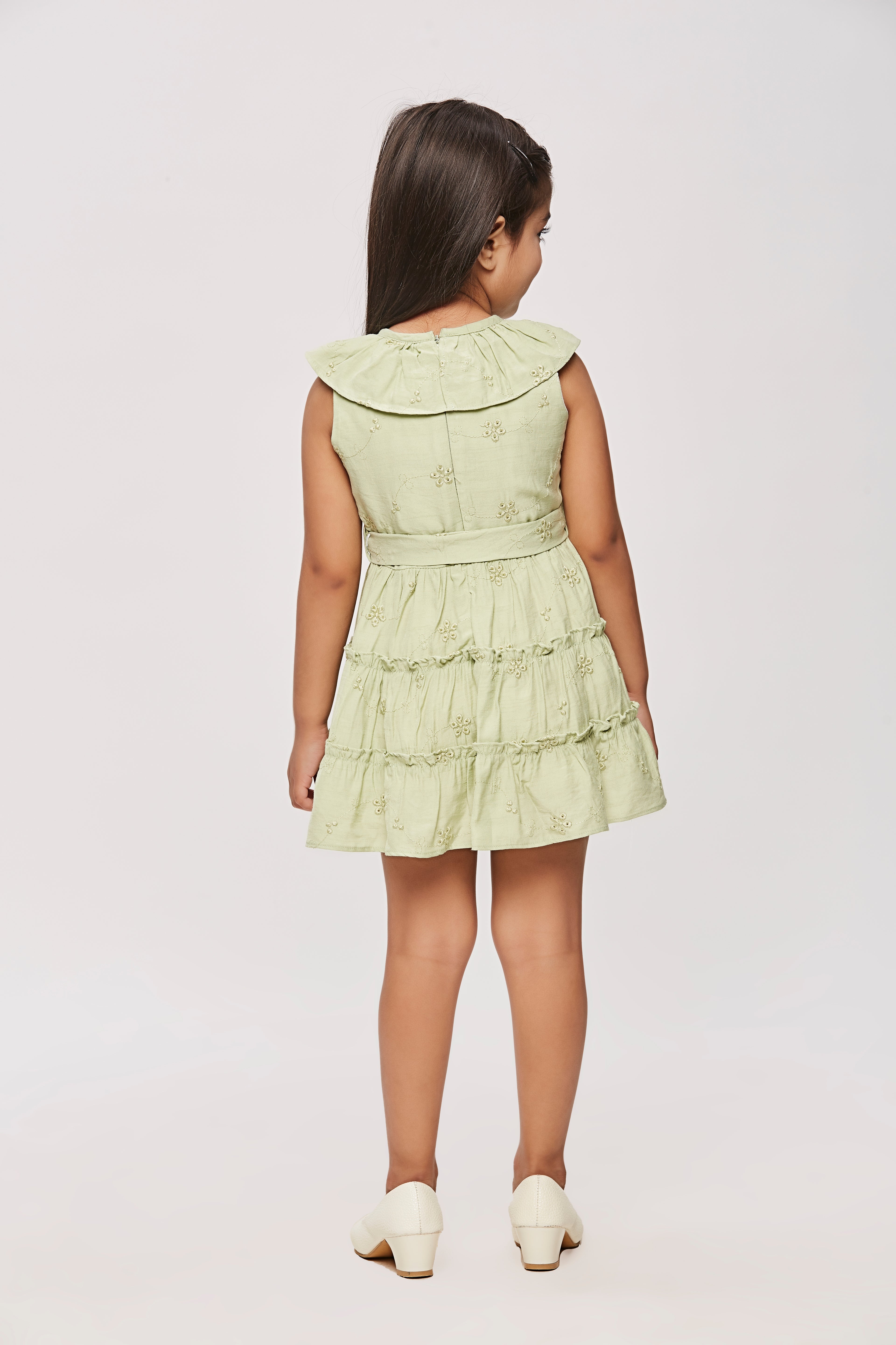 Green Ruffle Collar Dress with Waist Bow TSM30456